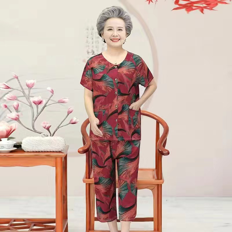 7080岁婆婆装短袖纯棉绸开衫夏装