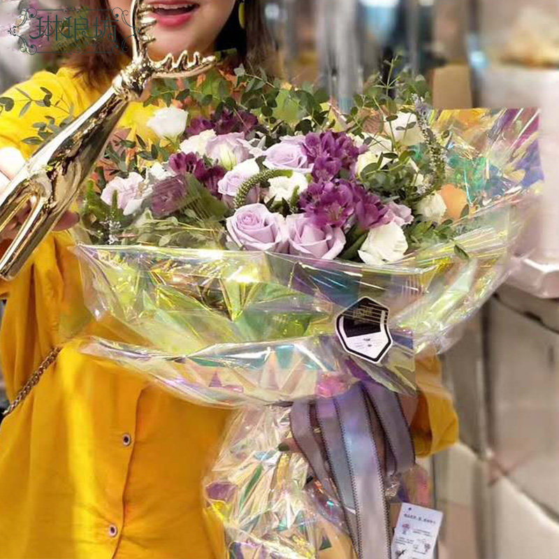 【特价】彩色玻璃纸鲜花束花艺霓彩膜包装纸彩虹变色多彩防水柔软