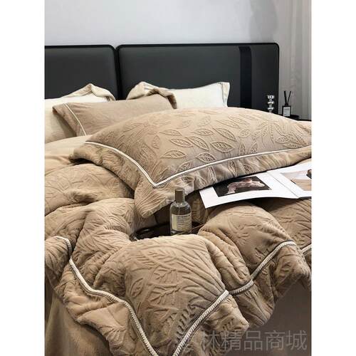 正品高端奶绒件套浮雕牛绒加兰厚秋冬双面法绒床单床笠被套床上四
