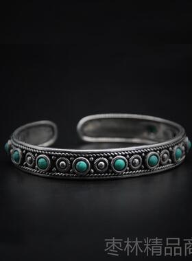 正品民族风9族25纯银手镯复古款开口藏特草做旧手环游牧原风色蒙