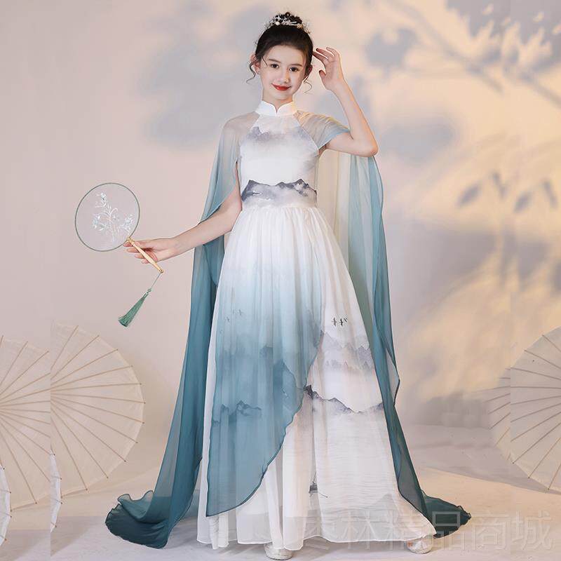 正品2025新款儿童服旗白色花童中式袍女童弹古筝演出服民奏乐礼演