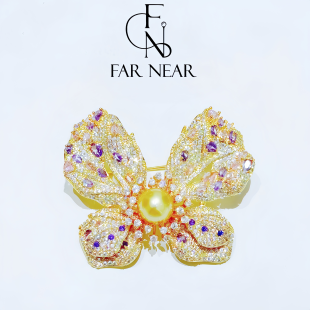 天然金珠蝴蝶胸针FAR NEAR满钻南洋金珠复古宫廷风高档西装配大衣