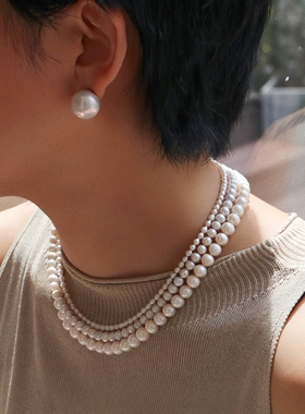 天然淡水珍珠项链三层叠戴FAR NEAR近圆法式气质毛衣链可拆为三条
