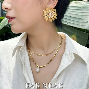 太阳花耳钉天然淡水珍珠FAR 耳饰 NEAR小众设计感复古金色重工个性