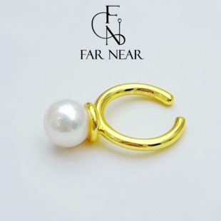 正圆珍珠开口戒指FAR NEARs925银镀金开口可调节轻奢小众设计感女