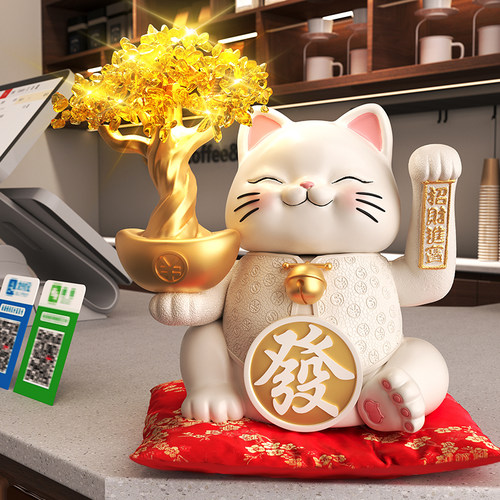 可爱招财猫摆件自动招手店铺前台招财水晶发财树送朋友开 业礼物