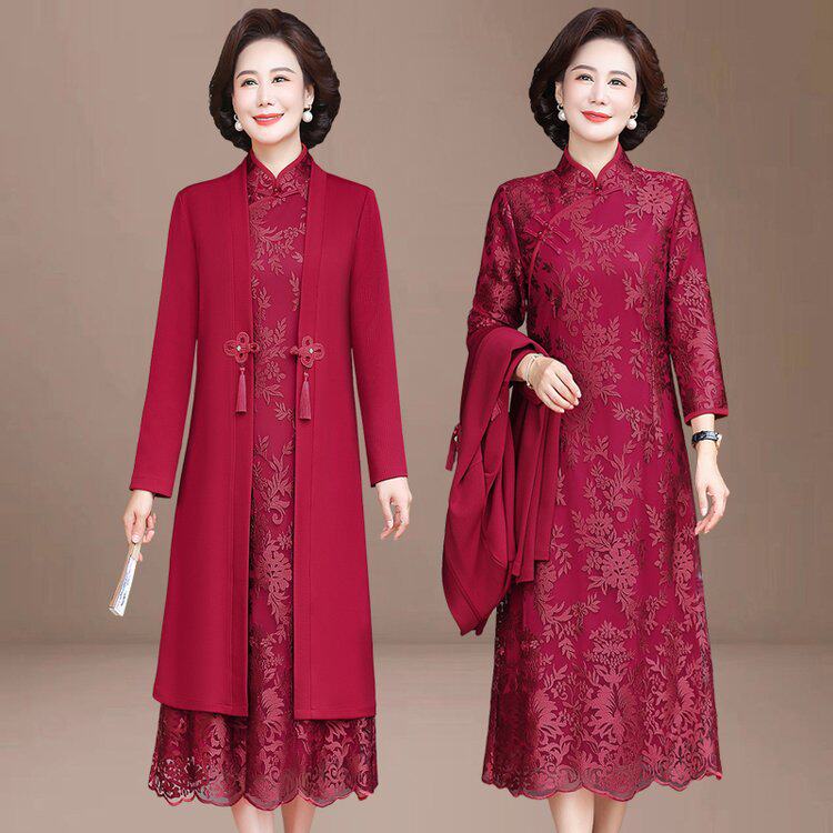春天喜婆婆婚宴装旗袍连衣裙妈妈春装礼服套装中老年女外套裙子女