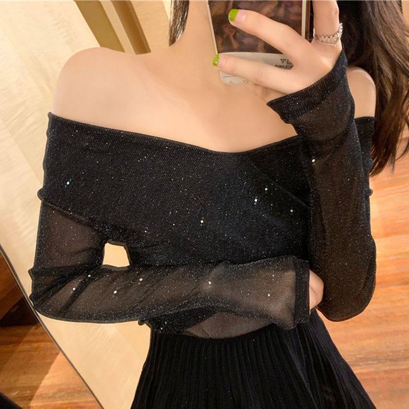 2020秋新款洋气内搭长袖露肩T网纱bling性感交叉一字领打底衫女恤