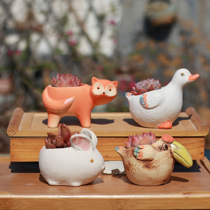 包邮卡通多肉花盆小动物粗陶透气盆创意可爱狐狸植物盆小兔子花盆