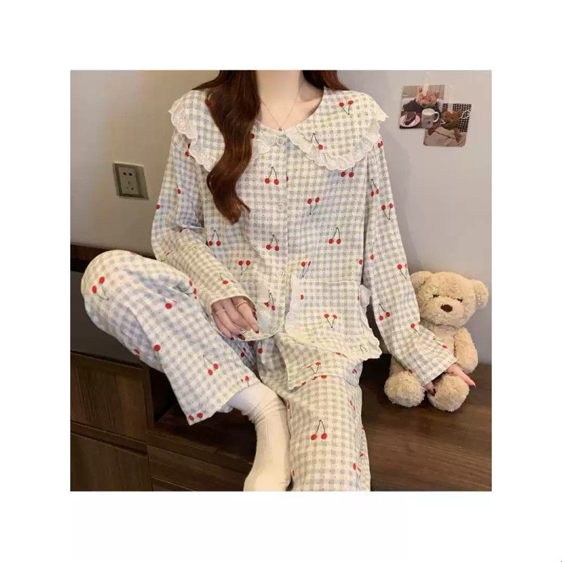 甜美樱桃睡衣女春季款长袖慵懒感云朵棉家居服可外穿套装厂家
