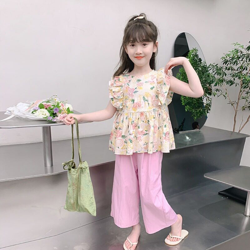 专柜正品女童夏季碎花无袖套装