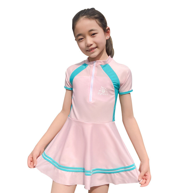 品牌女童运动风连体泳衣短袖拉链