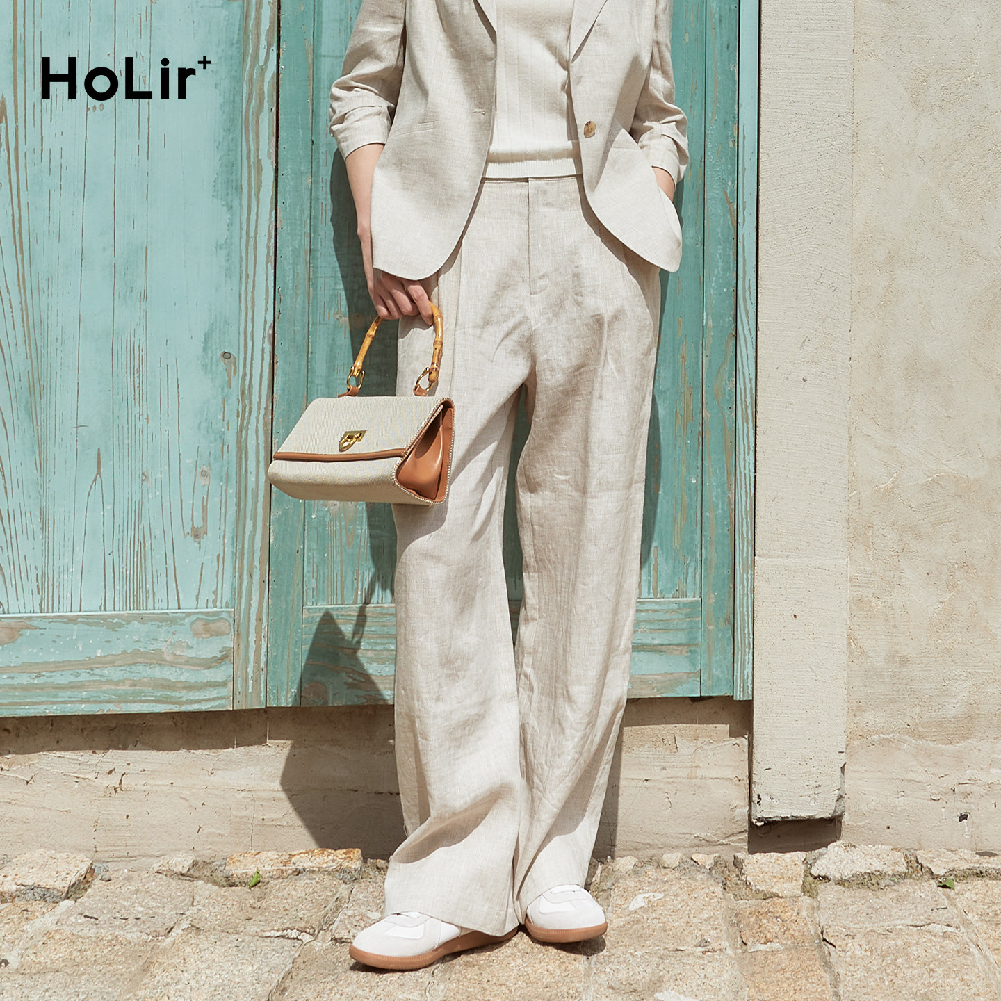 洪陵老钱风慵懒亚麻料灰色裤子女春季薄宽松休闲羊绒亚麻直筒裤女