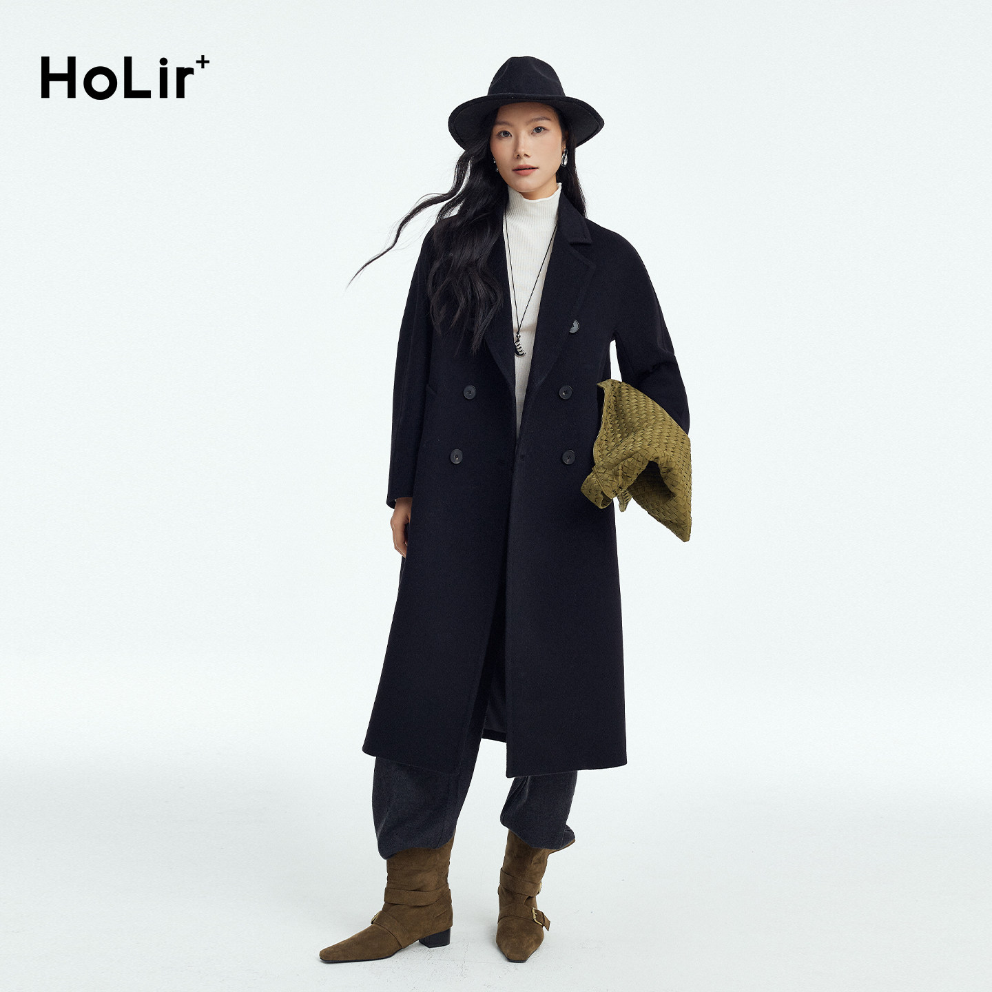 洪陵【MM家同款】801经典款山羊绒羊毛六筒双排扣翻领长款