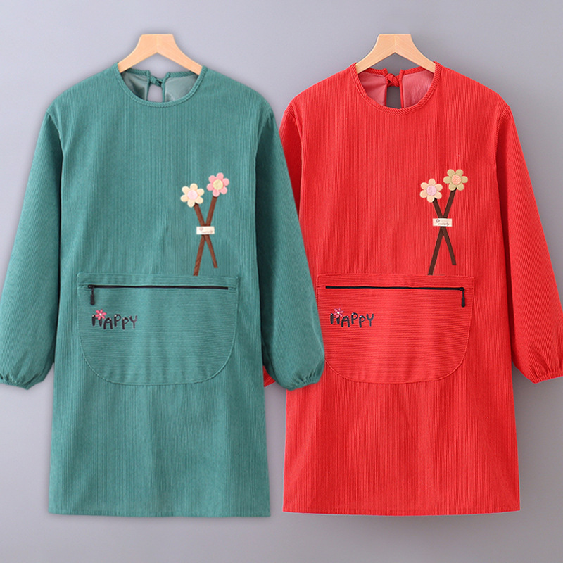 加厚灯芯绒防水罩衣家用厨房长袖围裙时尚田园风上班防污工作服女