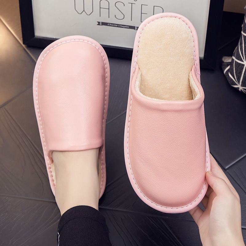 秋冬季牛皮防水家用棉拖鞋男女情侣带绒冬天保暖居家室内防滑厚底