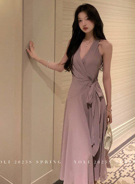 专柜  美神降临2.0 紫色雪纺绑带收腰吊带裙V领气质洋装