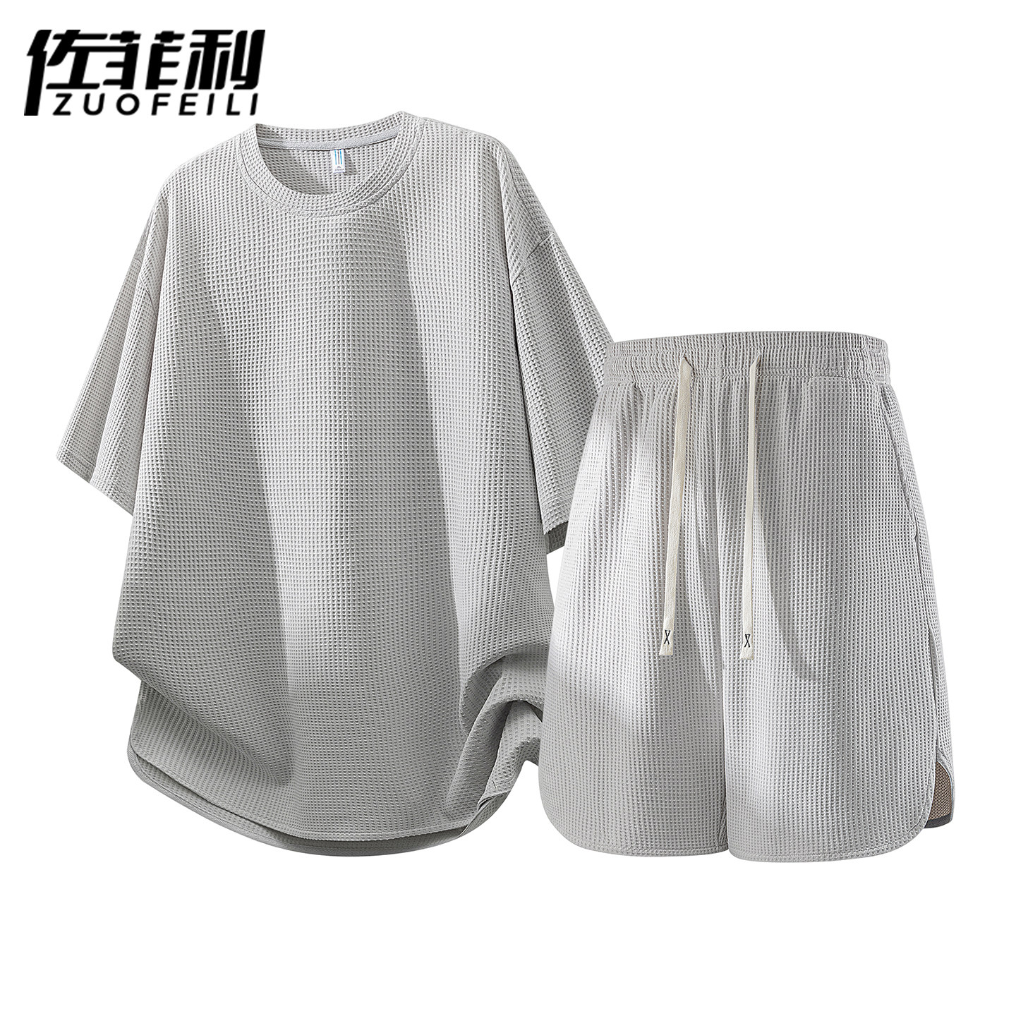 专柜华夫格套装男夏季美式休闲运动短袖短裤两件套男生帅气搭配一