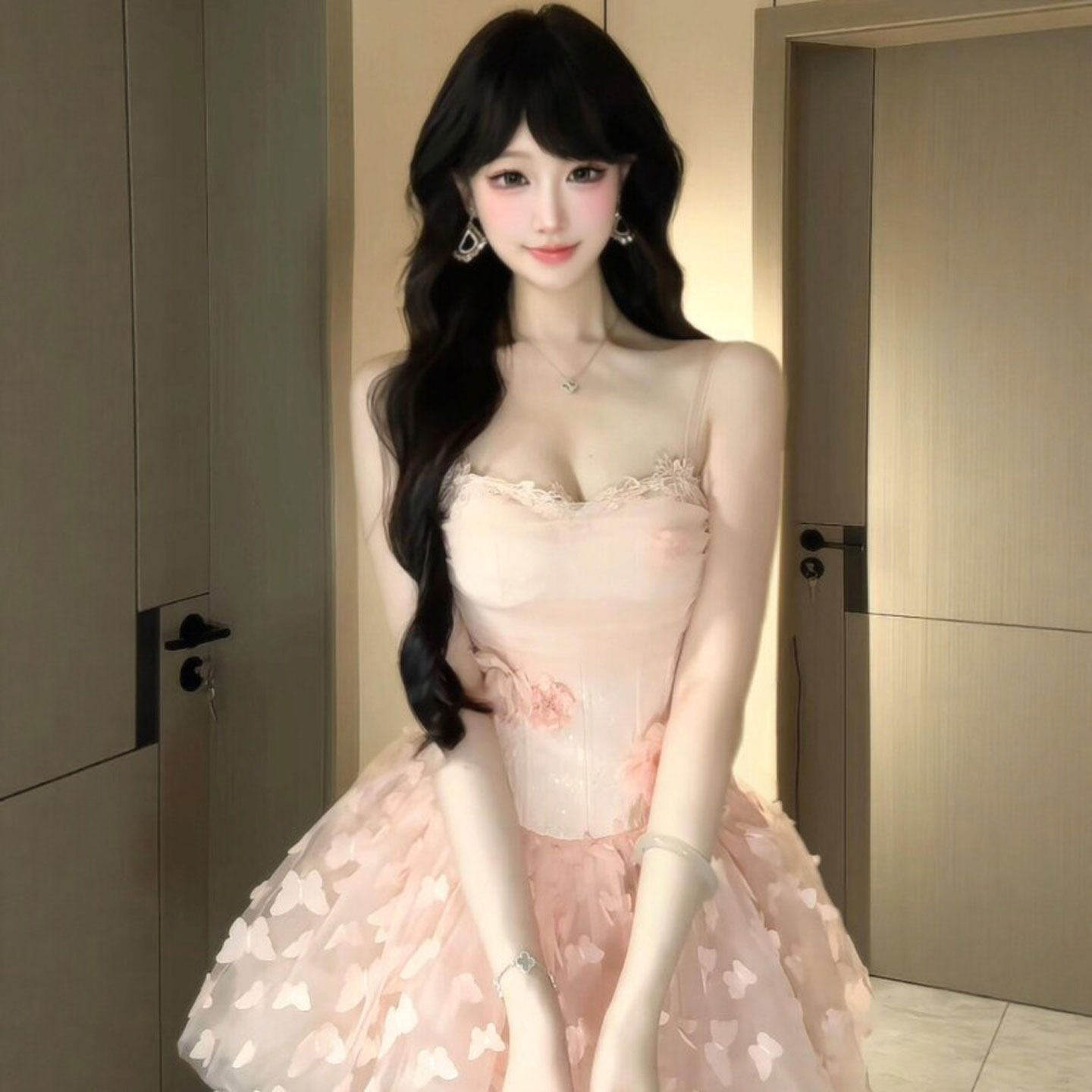 专柜小个子温柔风甜美收腰蓬蓬吊带连衣裙独特超好看的仙女裙2026