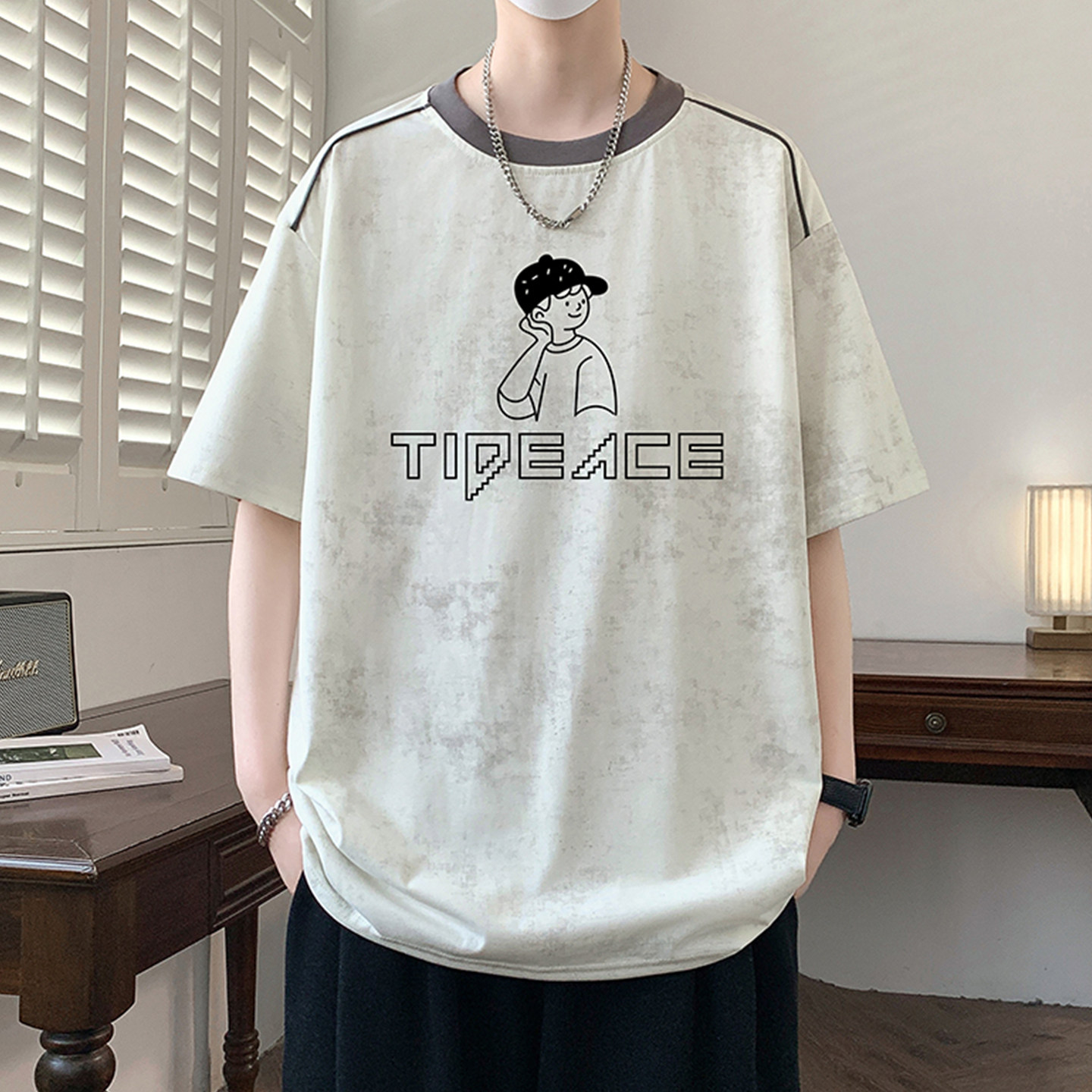 专柜撞色圆领短袖男夏季新款潮牌宽松美式风半袖衣服凉感透气线条