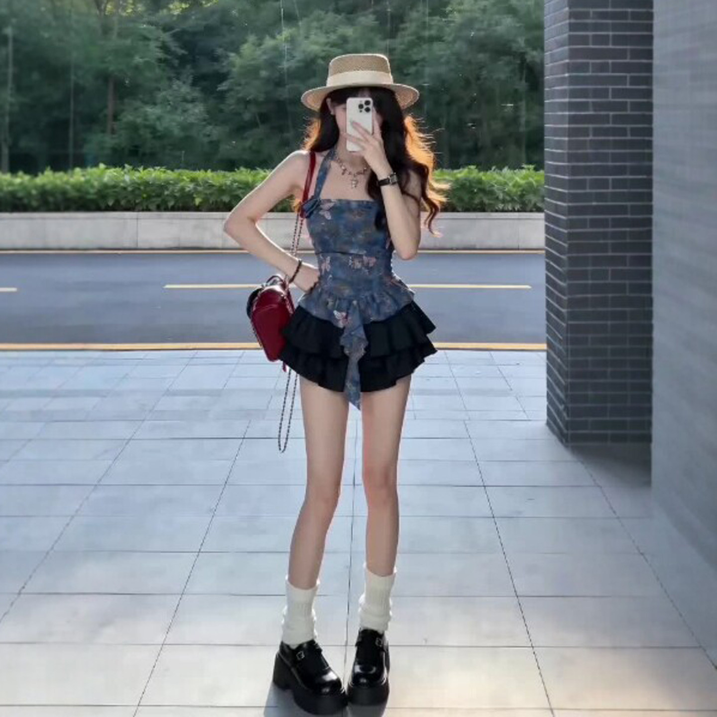 专柜复古独特超好看挂脖吊带半身裙两件套装气质一整套ootd穿搭26