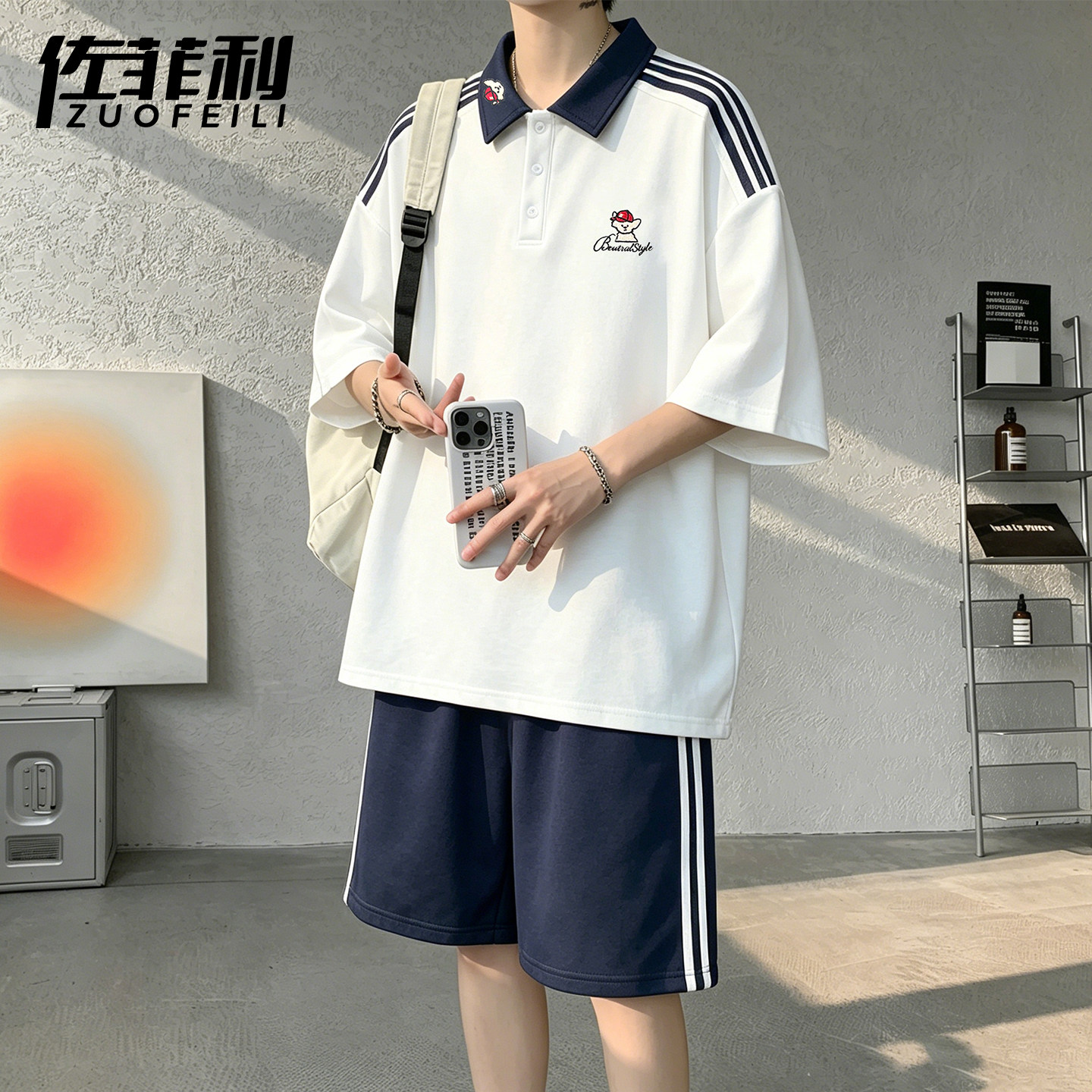 专柜美式条纹Polo衫短袖套装男夏季新款青少年卡通翻领上衣短裤两
