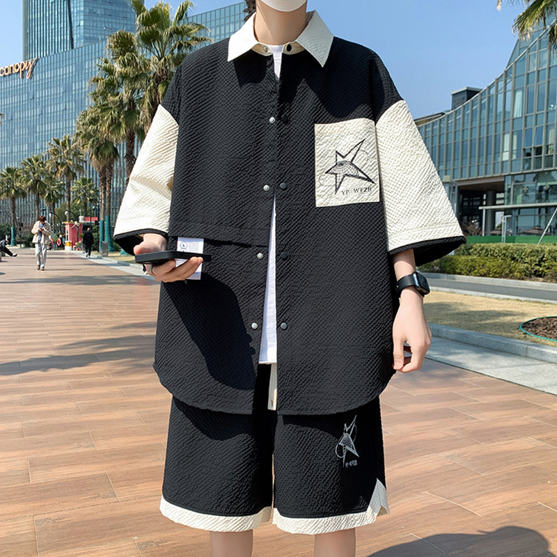 专柜冰丝短袖衬衫男士夏季新款美式宽松拼接凉感上衣潮牌休闲衬衣