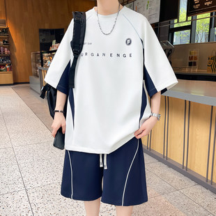 专柜撞色美式休闲套装男夏季新款潮牌搭配两件套短袖短裤一套帅气