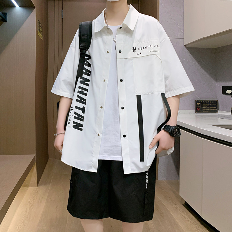 专柜工装衬衫男夏季潮牌痞帅一套衣服搭配青少年新款休闲短袖衬衣