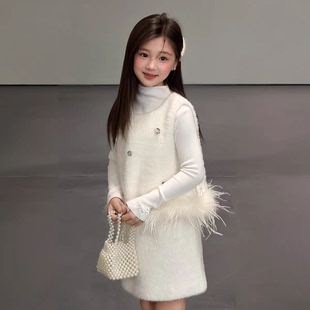 女童富家千金裙子2025新款儿童白色小香风套装裙秋冬连衣裙加绒裙