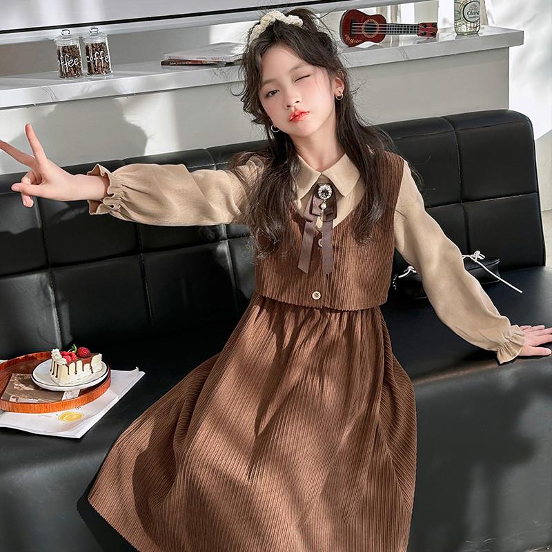 女大童拼接连衣裙春秋季2025新款洋气女孩学院风公主裙假两件裙子