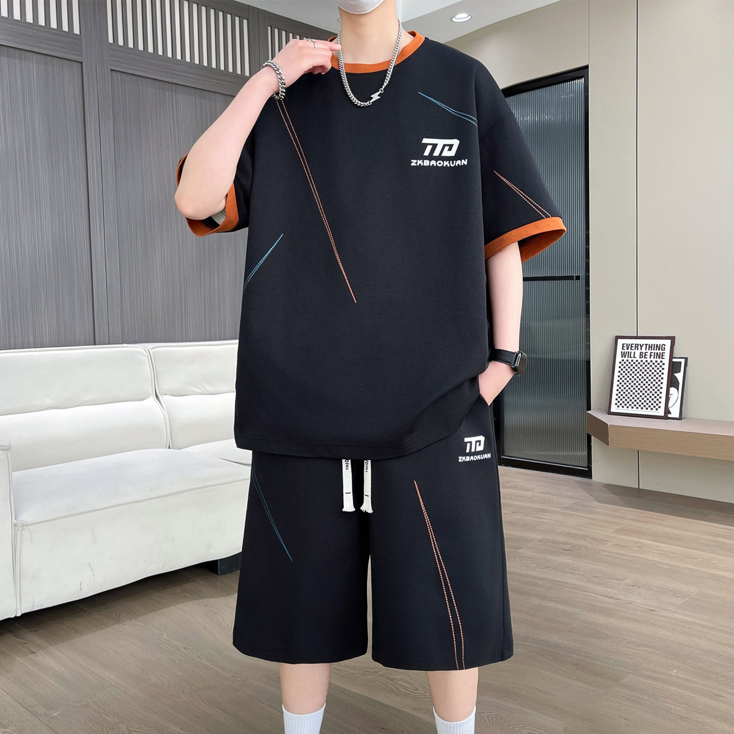 专柜运动套装男夏季新款美式复古印花短袖短裤男青少年帅气休闲两