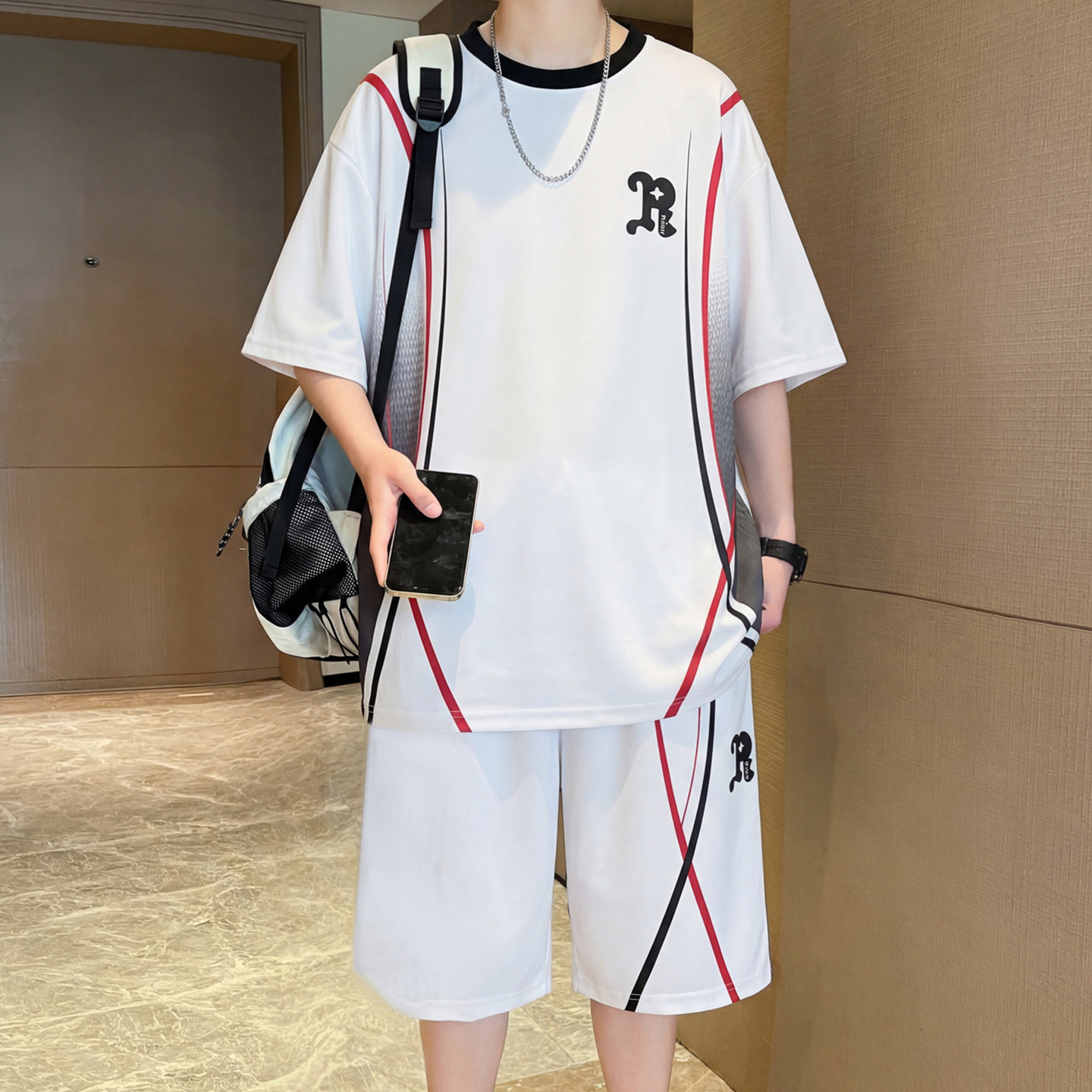专柜篮球运动套装男夏季2026新款条纹短裤短袖搭配休闲一套帅气衣