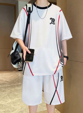 专柜篮球运动套装男夏季2026新款条纹短裤短袖搭配休闲一套帅气衣