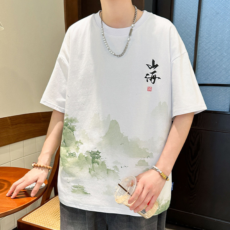 专柜新中式短袖T恤男冰丝国潮印花休闲衫 青少年夏季弹性棉氨体恤