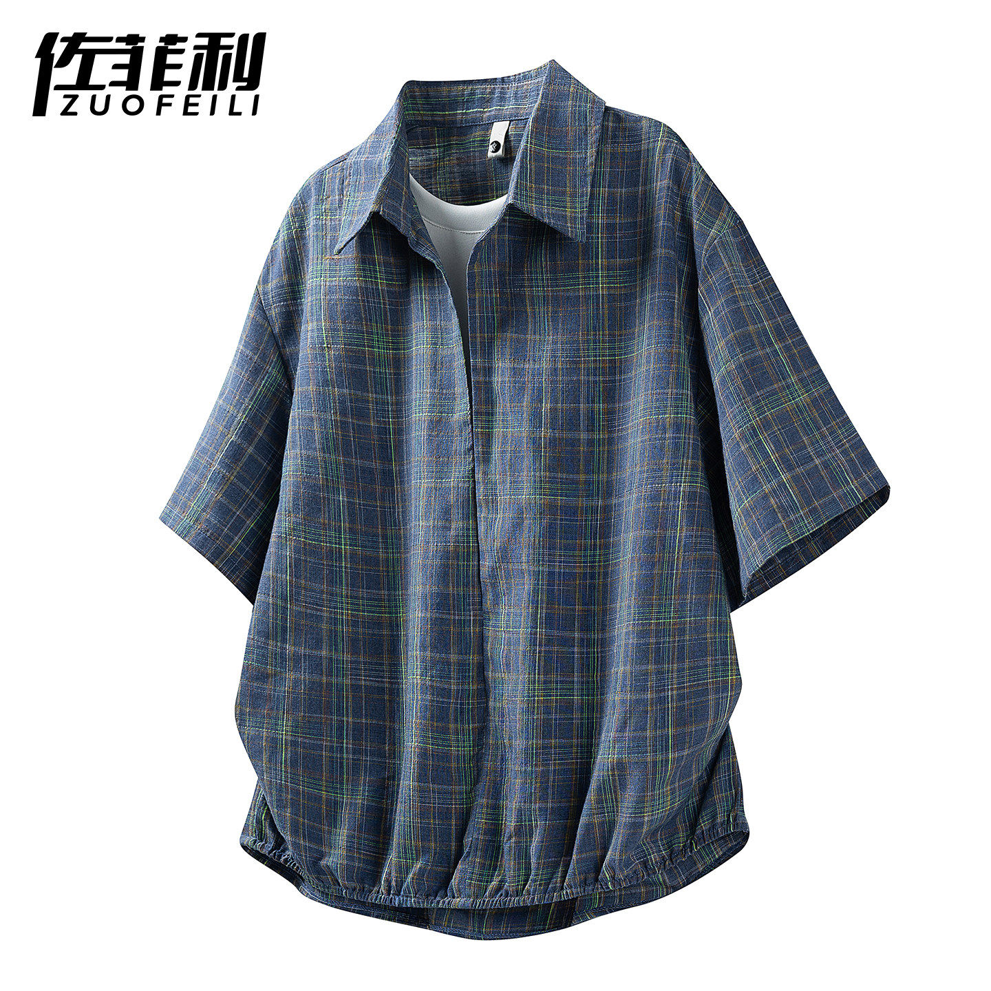 专柜假两件廓形t恤男款夏季格纹翻领短袖体恤男宽松休闲透气半袖