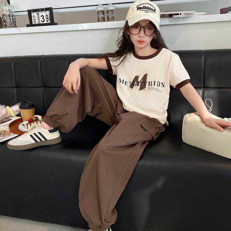 女大童短袖套装夏季2025新款夏装洋气初中生女孩T恤工装裤两件套9