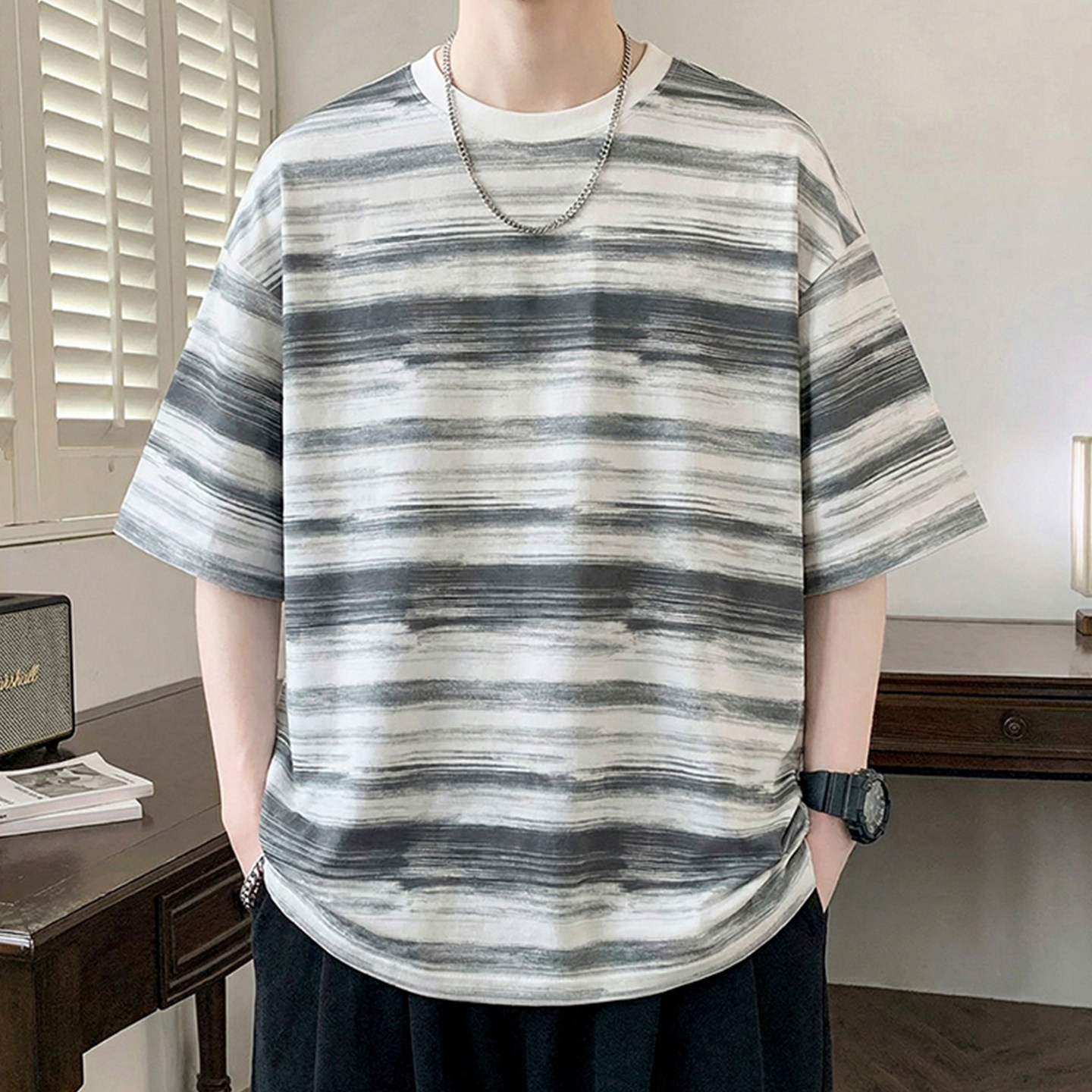 专柜撞色条纹短袖男夏季新款潮牌宽松圆领半袖衣服青少年凉感透气
