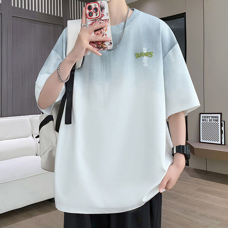 专柜刺绣短袖男夏季薄款2026新款潮流渐变色上衣服凉感休闲青少年