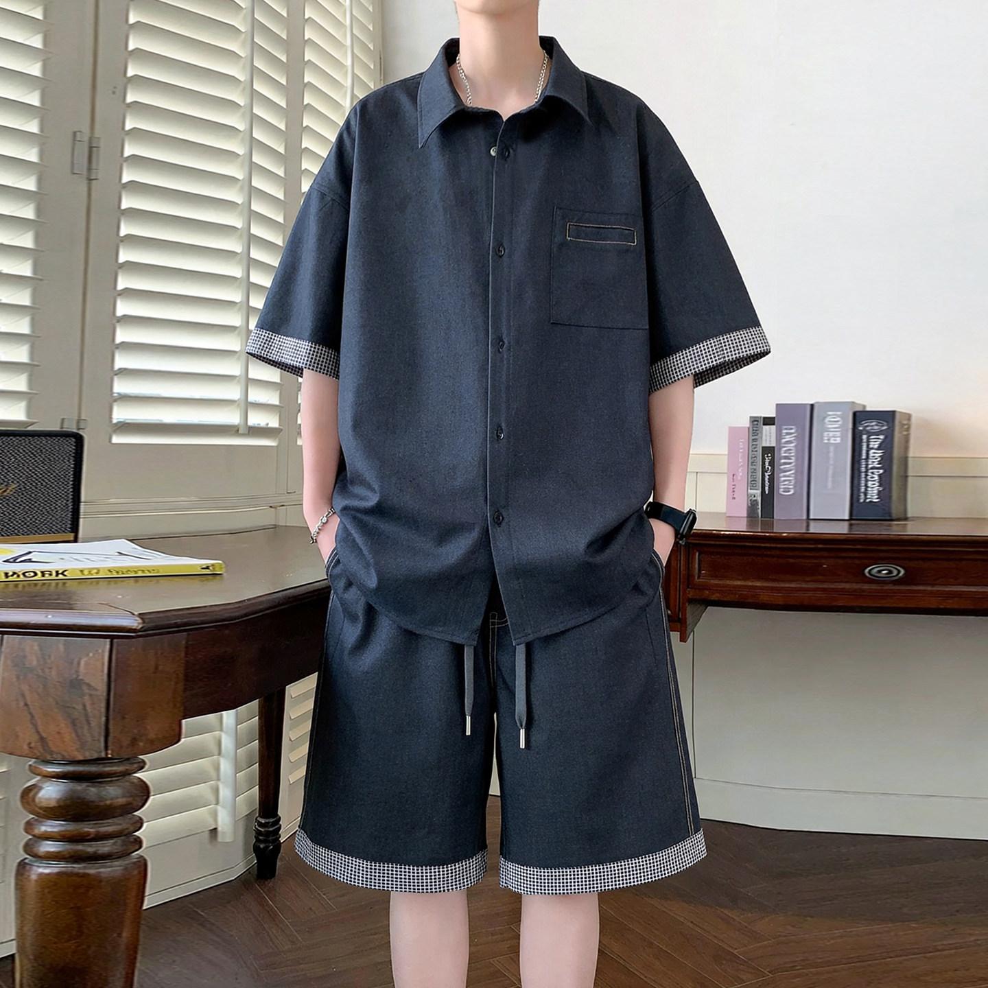专柜格纹拼接短袖衬衫套装男夏季新款休闲运动两件套青少年穿搭一