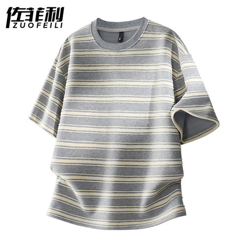 专柜撞色线条短袖男夏季新款凉感宽松半袖衣服青少年美式风条纹T