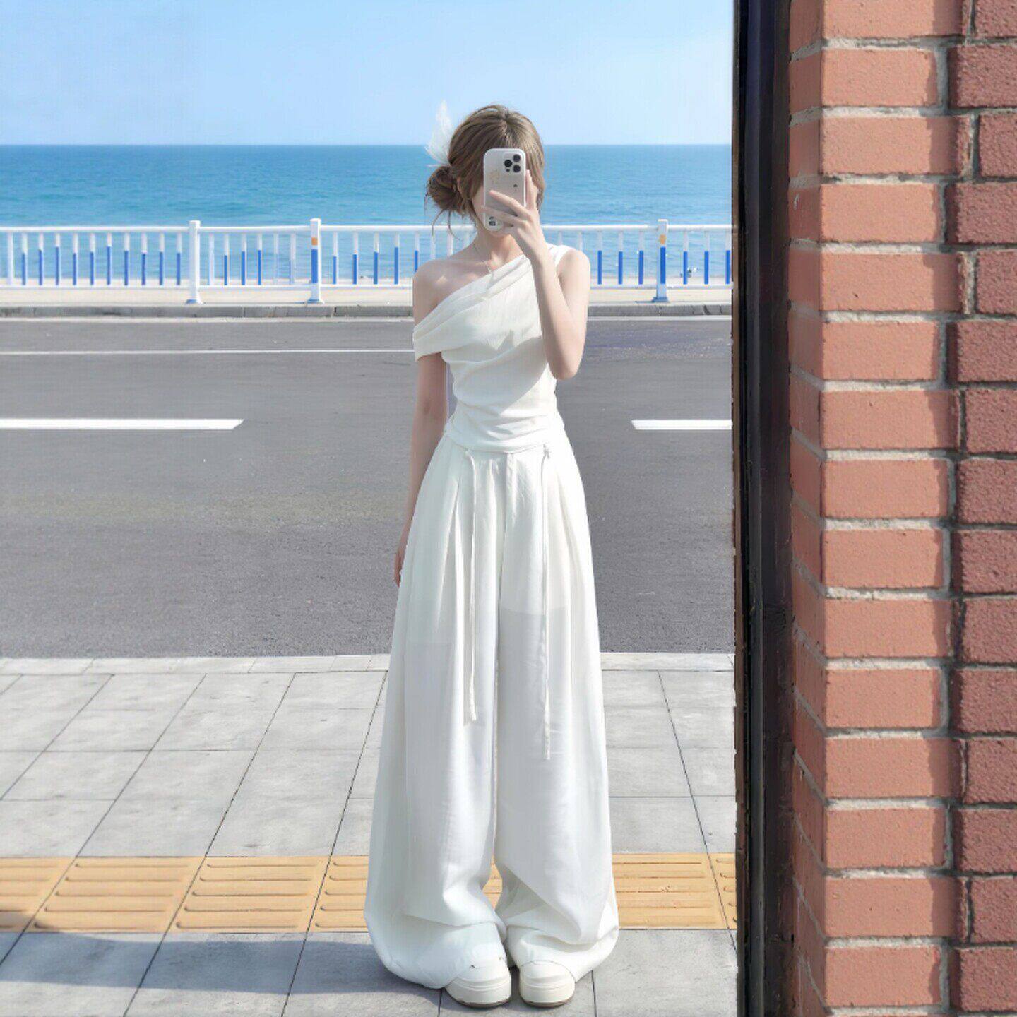 专柜韩系一整套ootd穿搭时尚气质感斜肩上衣休闲阔腿裤两件套装26