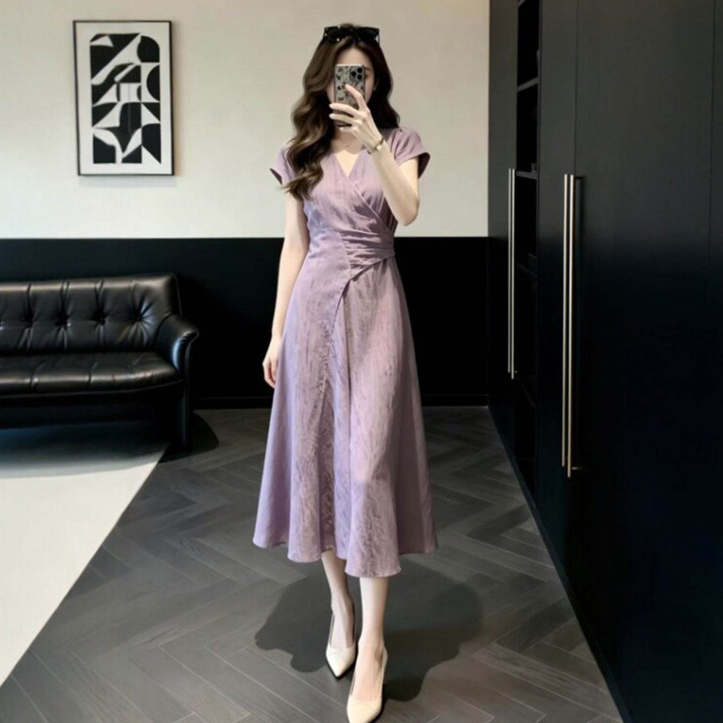 专柜御姐风独特超好看V领紫色收腰显瘦连衣裙绝美不撞款长裙子26