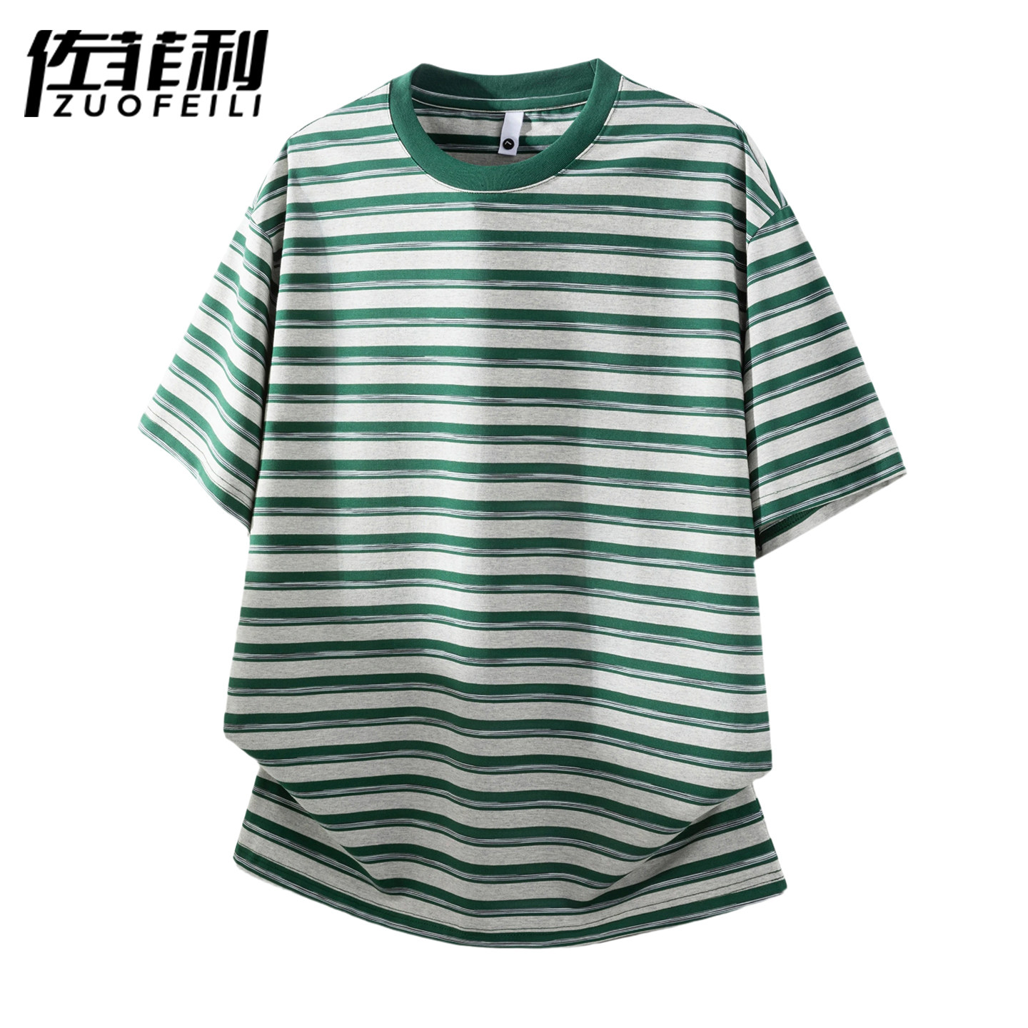 专柜绿色条纹短袖男夏季新款美式风宽松半袖体恤青少年撞色线条T