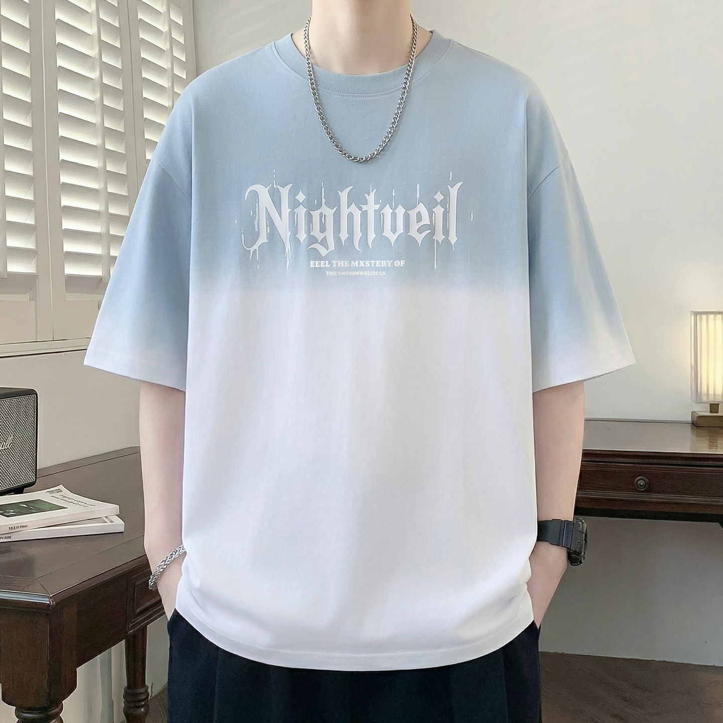 专柜渐变色短袖T恤男夏季2026新款潮牌宽松圆领半袖衣服凉感透气