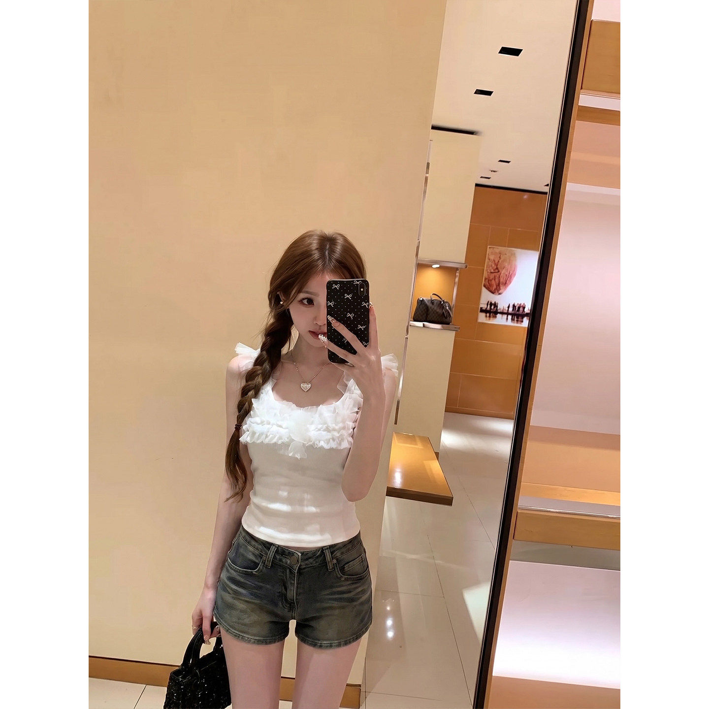 专柜法式甜辣风吊带背心女夏外穿辣妹修身显瘦网纱拼接小上衣