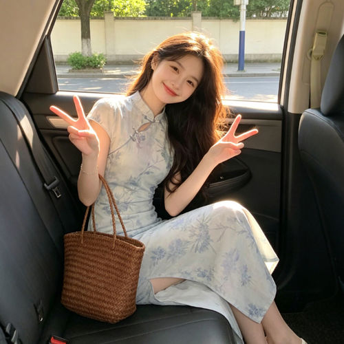专柜26夏季五一出游穿搭新中式国风改良旗袍长裙复古绝美印花连衣