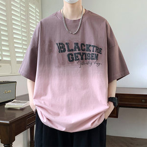 专柜冰氧棉短袖t恤男夏季渐变色印花圆领五分袖休闲帅气百搭体恤