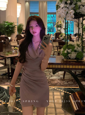 专柜  优雅弧度 不对称设计紫色荡领挂脖连衣裙女气质短裙