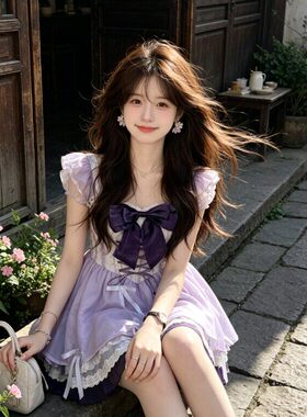 专柜温柔风甜美紫色收腰蓬蓬公主裙小个子巨好看的女士连衣裙2026
